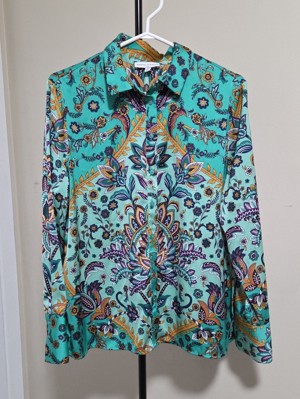 Maison D'Amelie Silk-Blend Teal Paisley Button-Up Shirt Jacket